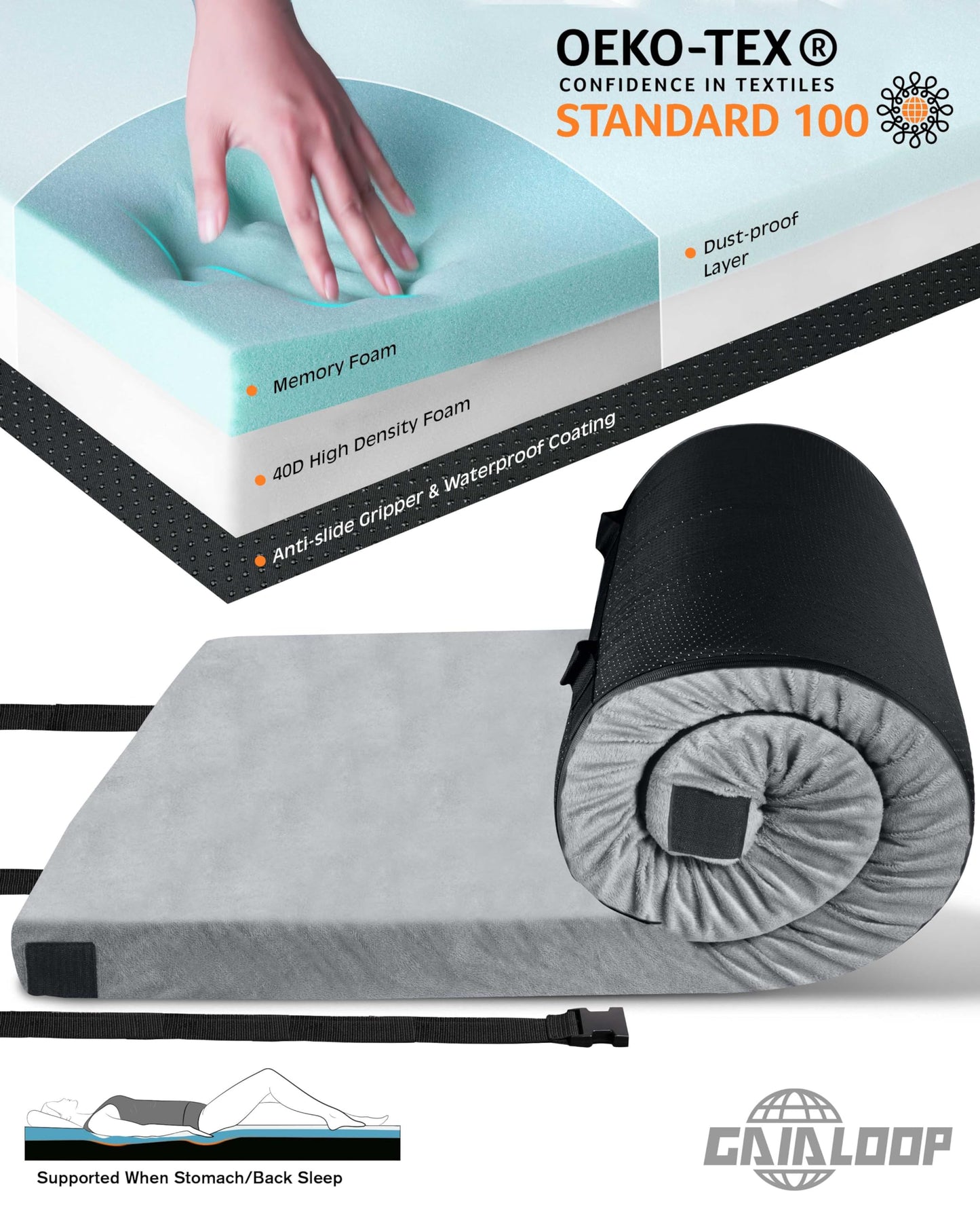 Gaialoop 3 Inch Memory Foam Camping Mattress, Dual Layer Thick Sleeping Camp Pad for Car Tent Cot, Roll-Up Portable Glamping Floor Bed for Guests Sleepover[Cot: 72 * 24 * 3"]