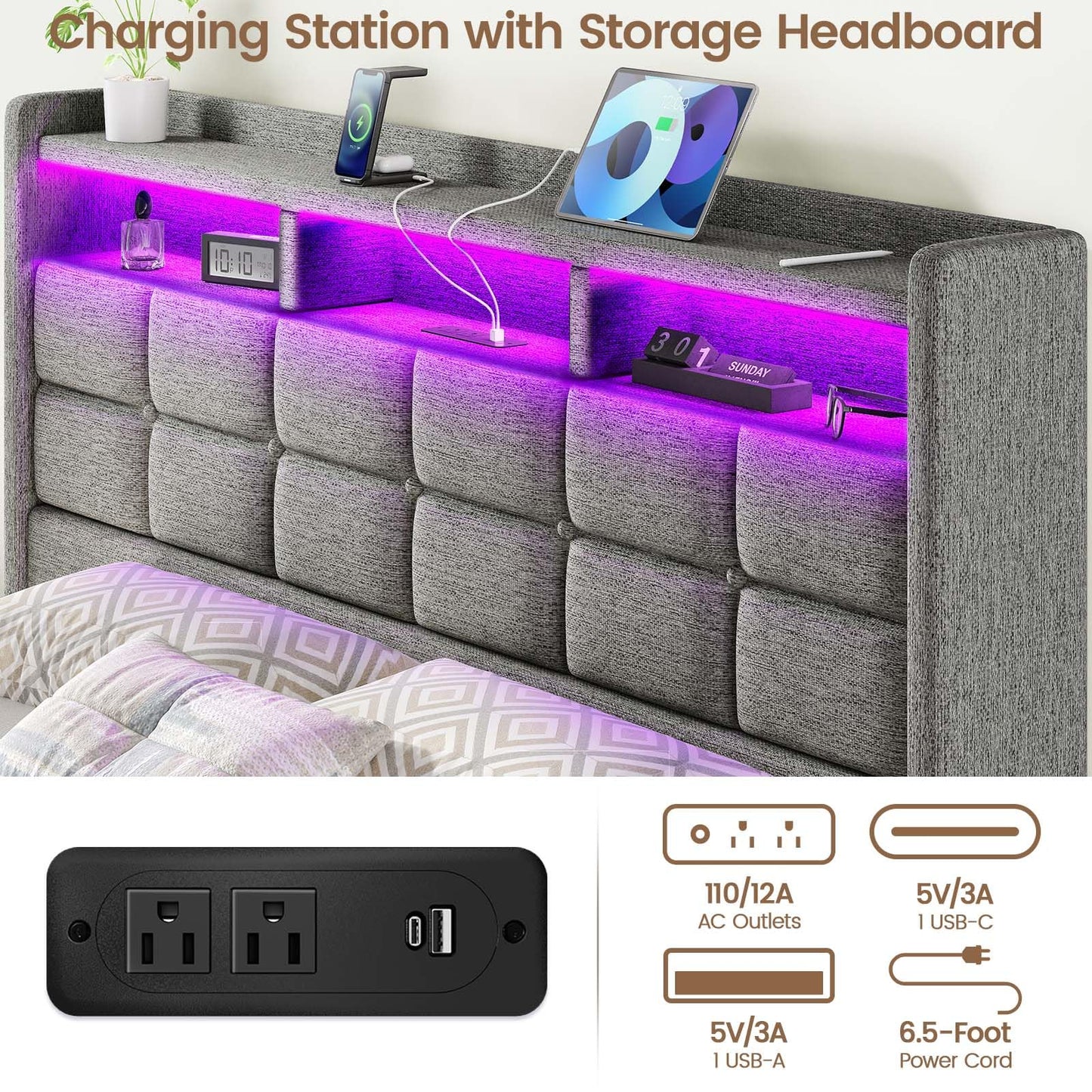 Driftalia Lift Up Queen Bed Frame with Storage, Upholstered Bed Frame Queen Size with LED Lights Headboard and Charging Station, No Box Spring Needed, Easy Assembly - Light Grey