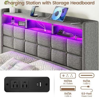 Driftalia Lift Up Queen Bed Frame with Storage, Upholstered Bed Frame Queen Size with LED Lights Headboard and Charging Station, No Box Spring Needed, Easy Assembly - Light Grey