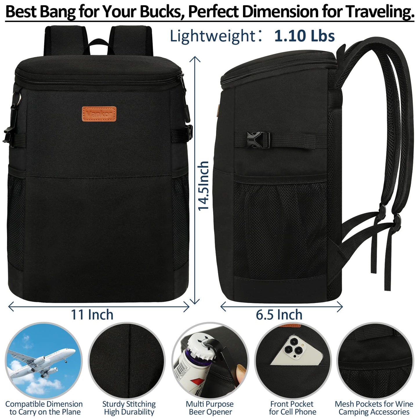 Camping 30 Cans, Soft Backpack Coolers Insulated Leak Proof Travel Waterproof Lunch Picnic Beach Work Trip Drink Beverage Beer Thermal Bag Black