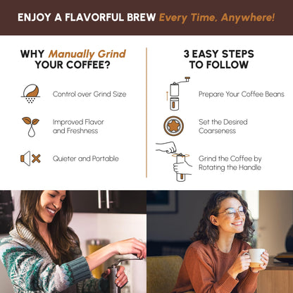 JavaPresse Manual Stainless Steel Coffee Grinder - 18 Adjustable Settings, Portable Conical Burr Grinder for Camping, Travel, Espresso - With Hand Crank