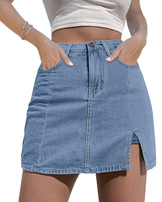 luvamia Skorts Skirts for Women Denim Mini Skirt Side Slit with High Waisted Jean Shorts Stretchy Jeans Shorts for Women Jean Shorts Skirts for Women Jean Mini Skirt Blue Fog Size X-Small