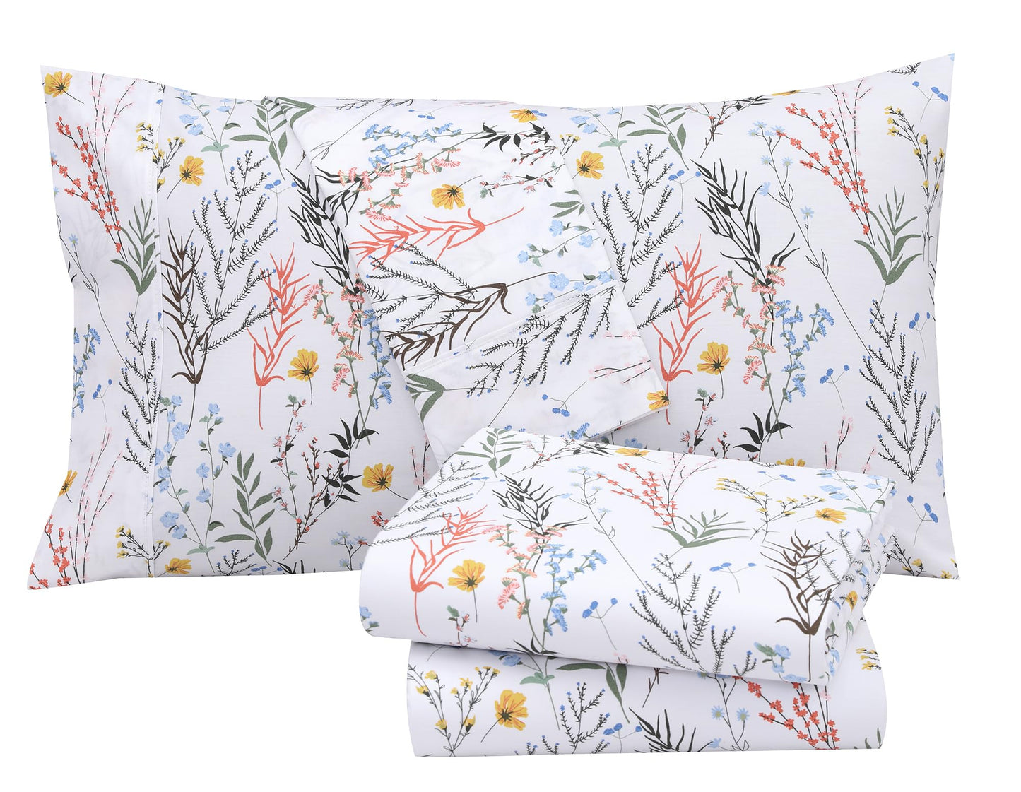 RUVANTI 100% Cotton Sheets – Queen Size Percale Bedding, Cooling & Breathable Floral Design, Durable with a Crisp, Soft & Comfortable Feel, 16" Deep Pocket, 4-Piece Set, Aroma
