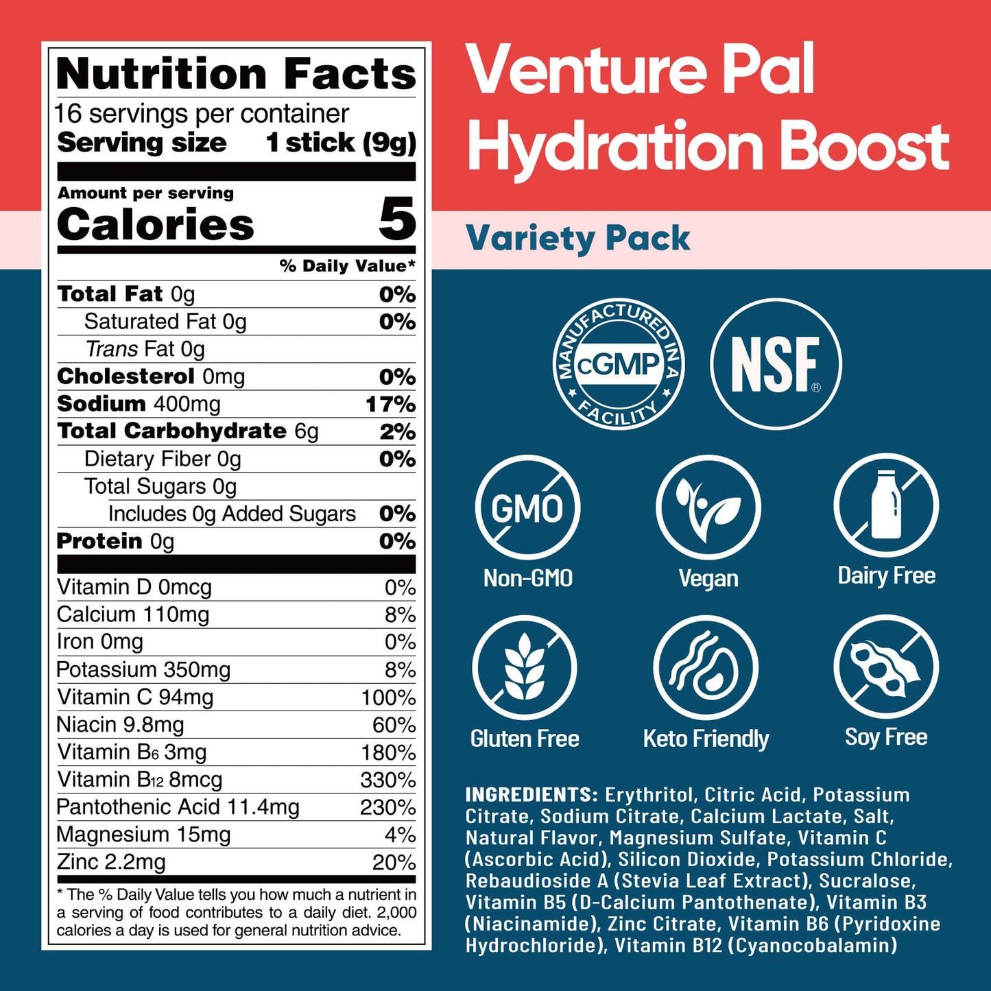 Venture Pal Sugar Free Electrolyte Powder Packets - Liquid Daily IV Hydration Packets for Rehydration | 5 Vitamins & 7 Electrolytes | Keto Friendly | Non-GMO | Vegan | 16 Sticks
