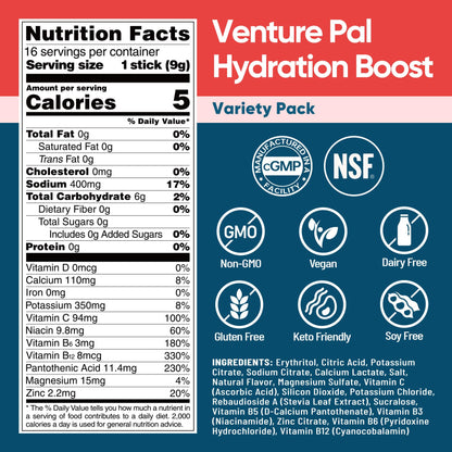 Venture Pal Sugar Free Electrolyte Powder Packets - Liquid Daily IV Hydration Packets for Rehydration | 5 Vitamins & 7 Electrolytes | Keto Friendly | Non-GMO | Vegan | 16 Sticks