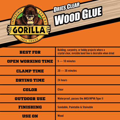 Gorilla Dries Clear Wood Glue, 4oz Bottle (Pack of 2)