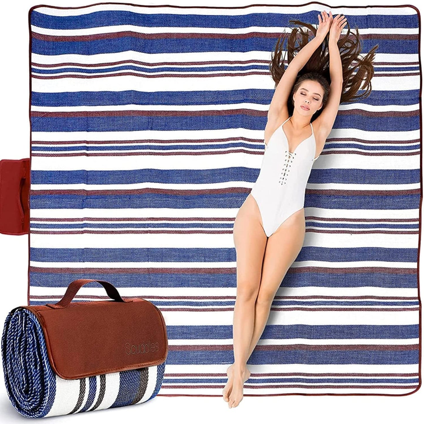 scuddles Extra Large Picnic Blanket Dual Layers Beach Blanket Waterproof Sandproof Outdoor Water-Resistant Handy Mat Tote Spring Summer Camping Blanket Great for The Beach