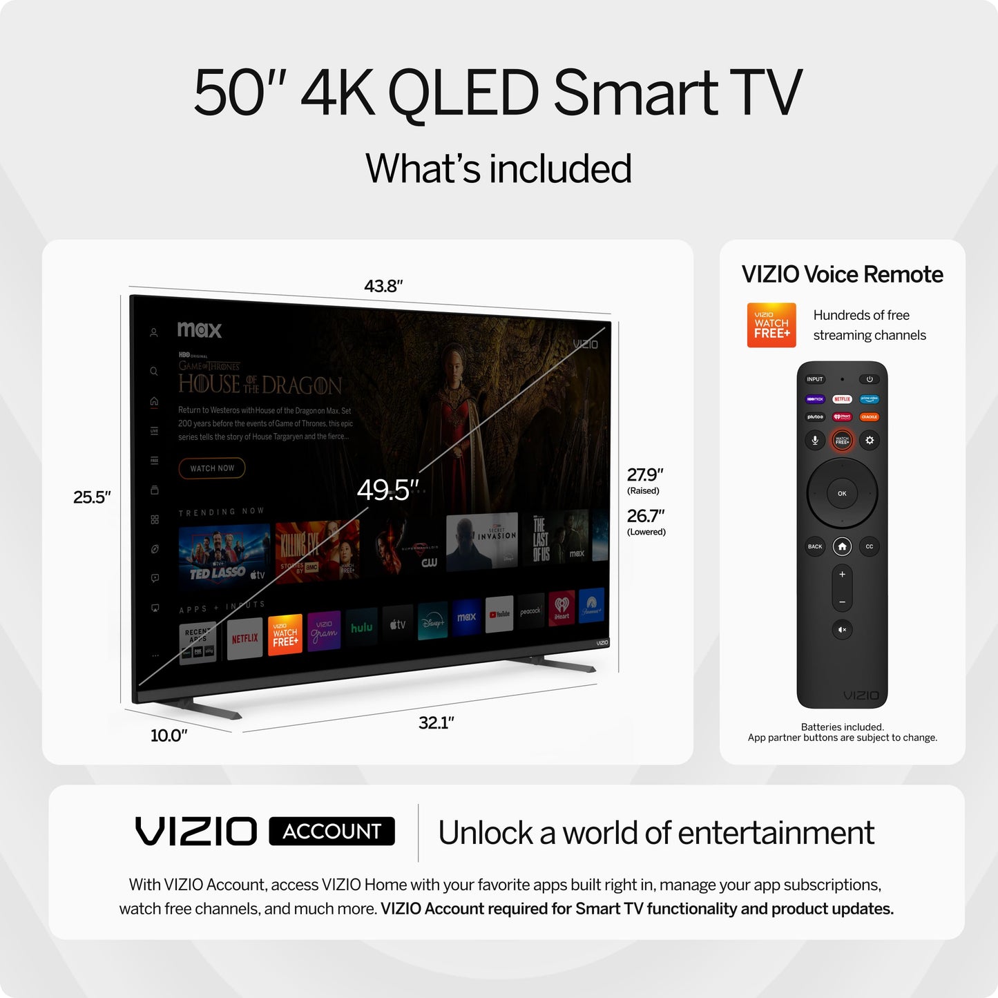 VIZIO 50-inch MQX-Series 4K 120Hz QLED HDR10+ Smart TV with Dolby Vision, Active Full Array, 240Hz @ 1080p PC Gaming, WiFi 6E, Apple AirPlay, Chromecast Built-in, M50QXM-K01, 2023 Model