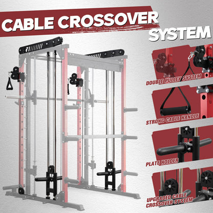 RitFit M1 Smith Machine with Cable Crossover System, Multi-Function Squat Rack Power Cage for Home Gym, Power Rack and Packages with Olympic Barbell Weight Set, Weight Bench, Olympic Bar and More