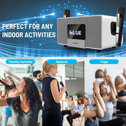 RHM K222 Karaoke Machine, Bluetooth Speaker with 2 UHF Wireless Microphones, 5 Sound Modes, Support Optical, Bluetooth, AUX, USB, PC, Wooden Party Speaker for TV, Home Party, Karaoke, Meeting