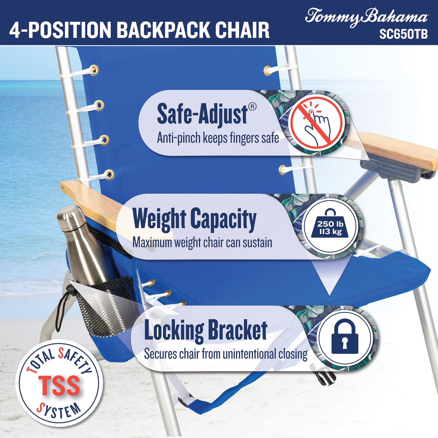 Tommy Bahama Hi-Boy 17" Seat Height 4-Position Lace-Up Suspension Folding Beach Backpack Chair, 1-Pack, Red and Blue Stripe