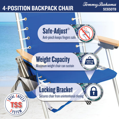 Tommy Bahama Hi-Boy 17" Seat Height 4-Position Lace-Up Suspension Folding Beach Backpack Chair, 1-Pack, Red and Blue Stripe