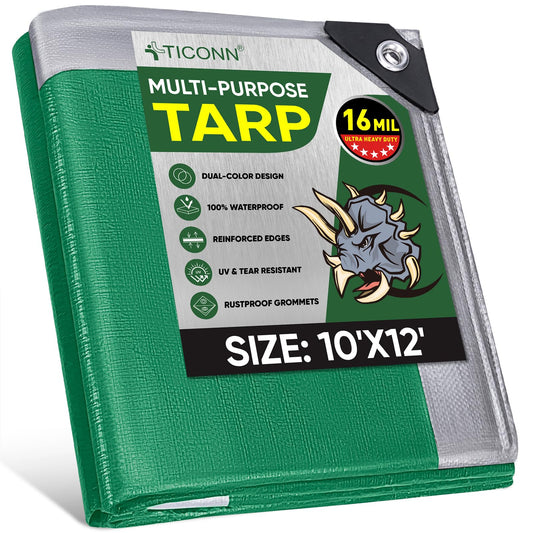 TICONN Heavy Duty Tarp Cover, Extra Thick Tarps Waterproof Tear and Rip Proof UV Resistant Tarpaulin with Reinforced Grommets and Edges (16 Mil, 10'x12')