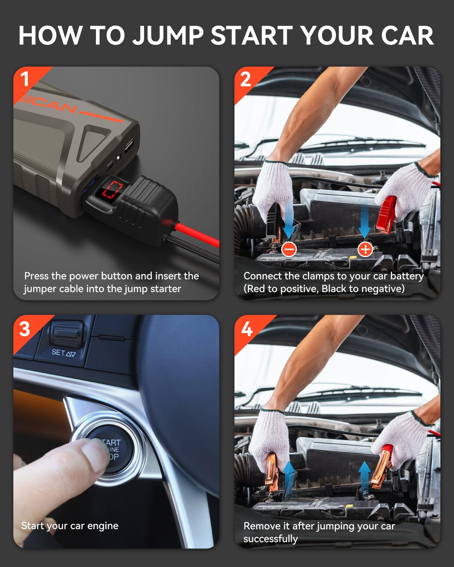 Car Battery Jump Starter, NUSICAN 2000A Portable Car Jump Starter Battery Pack (up to 7.5L Gas/5.5L Diesel Engine) 12V 18000mAh Jump Box for Car Battery with Safety Jumper Clamps, LED Lights, Compact