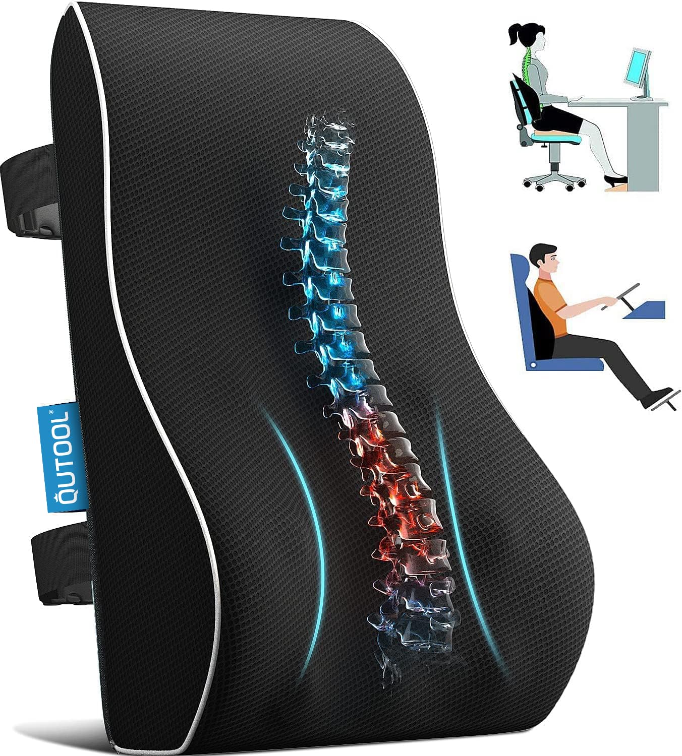 QUTOOL Lumbar Support Pillow for Office Chair Back Support Pillow for Car, Computer, Gaming Chair Memory Foam Back Cushion for Back Pain Relief Improve Posture, Mesh Cover Double Adjustable Straps