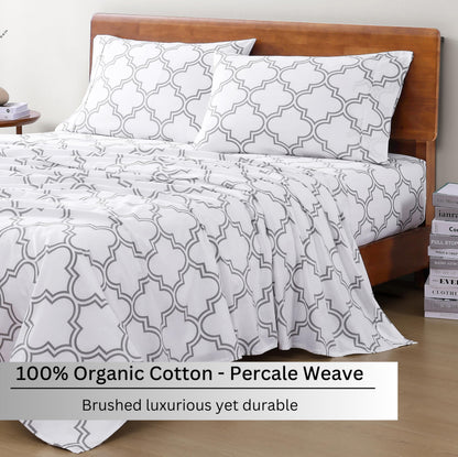 LANE LINEN 100% Organic Cotton Full Sheets Set Fully Elasticized Naturally Temperature Regulating Mercerized Cotton Printed Full Bedding & Pillowcases Set - Trellis