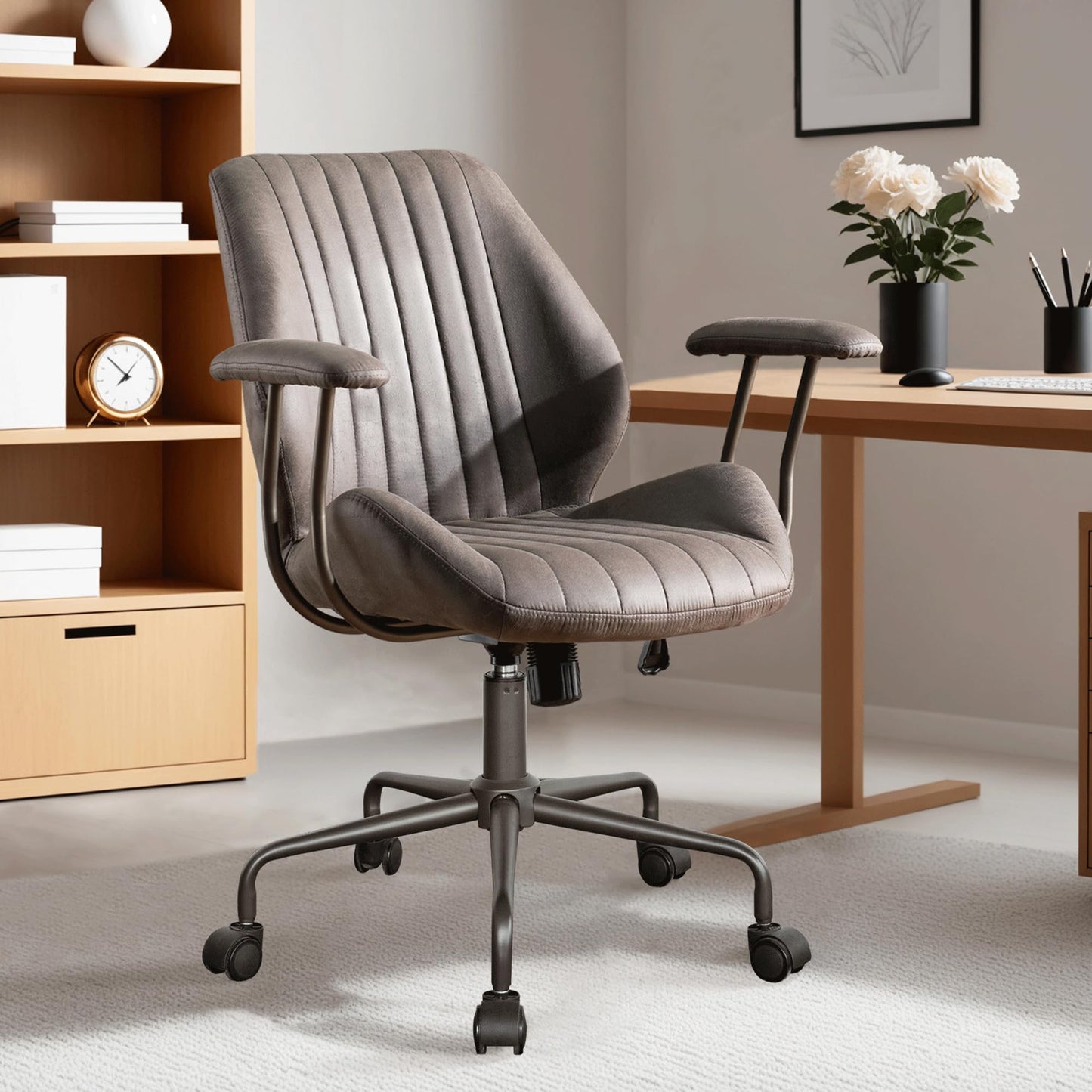 ovios Ergonomic Office Chair, Mid Back Faux Leather Executive Chairs with Armrests, Comfy Mid-Century Modern Swivel Rolling Computer Armchair (Dark Grey, Suede Leather)