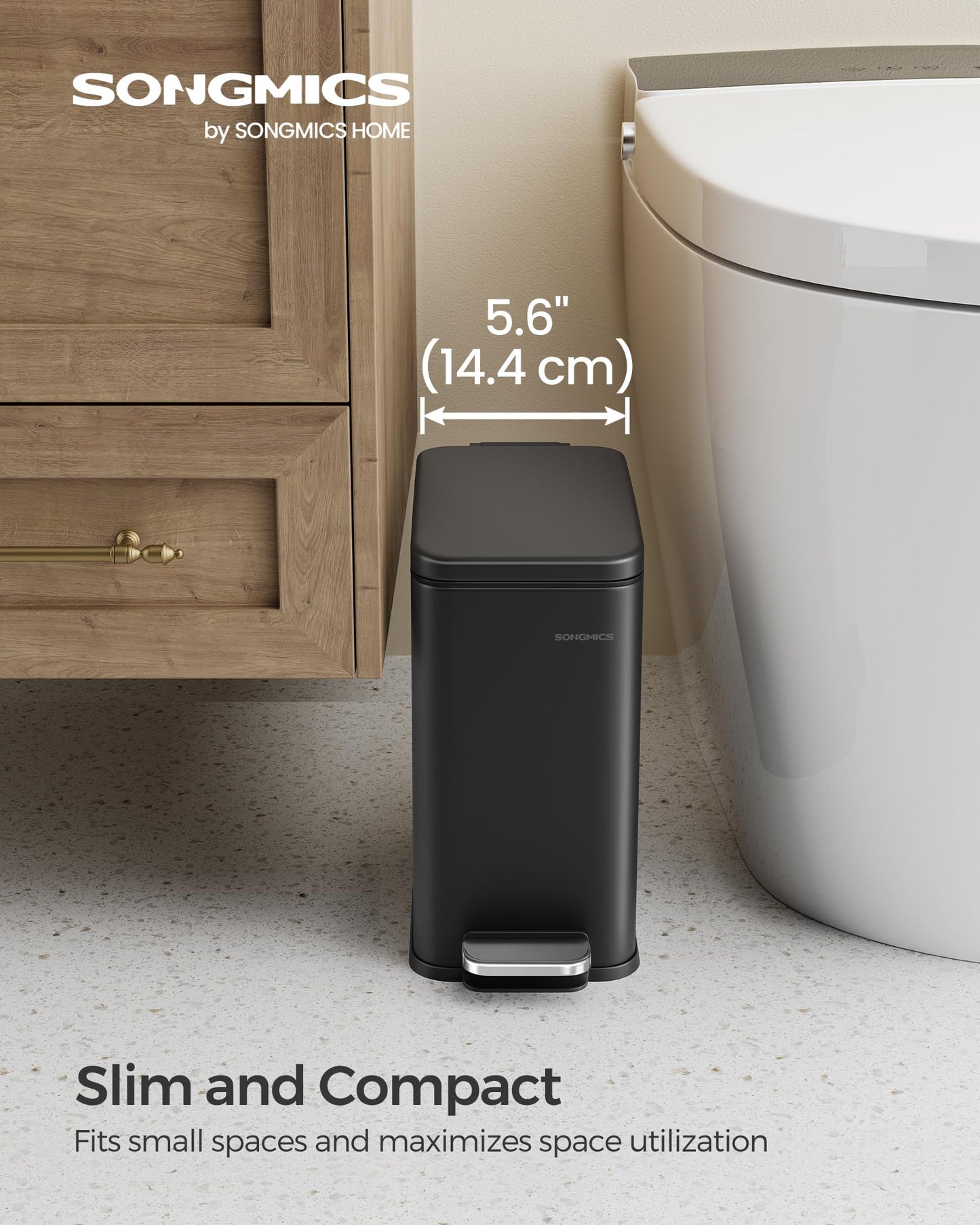 SONGMICS Bathroom Trash Can, 1.3 Gallon (5 L) Small Trash Bin with Lid, Slim for Small Spaces, Stainless Steel Garbage Can, Soft Close, Black ULTB560B05