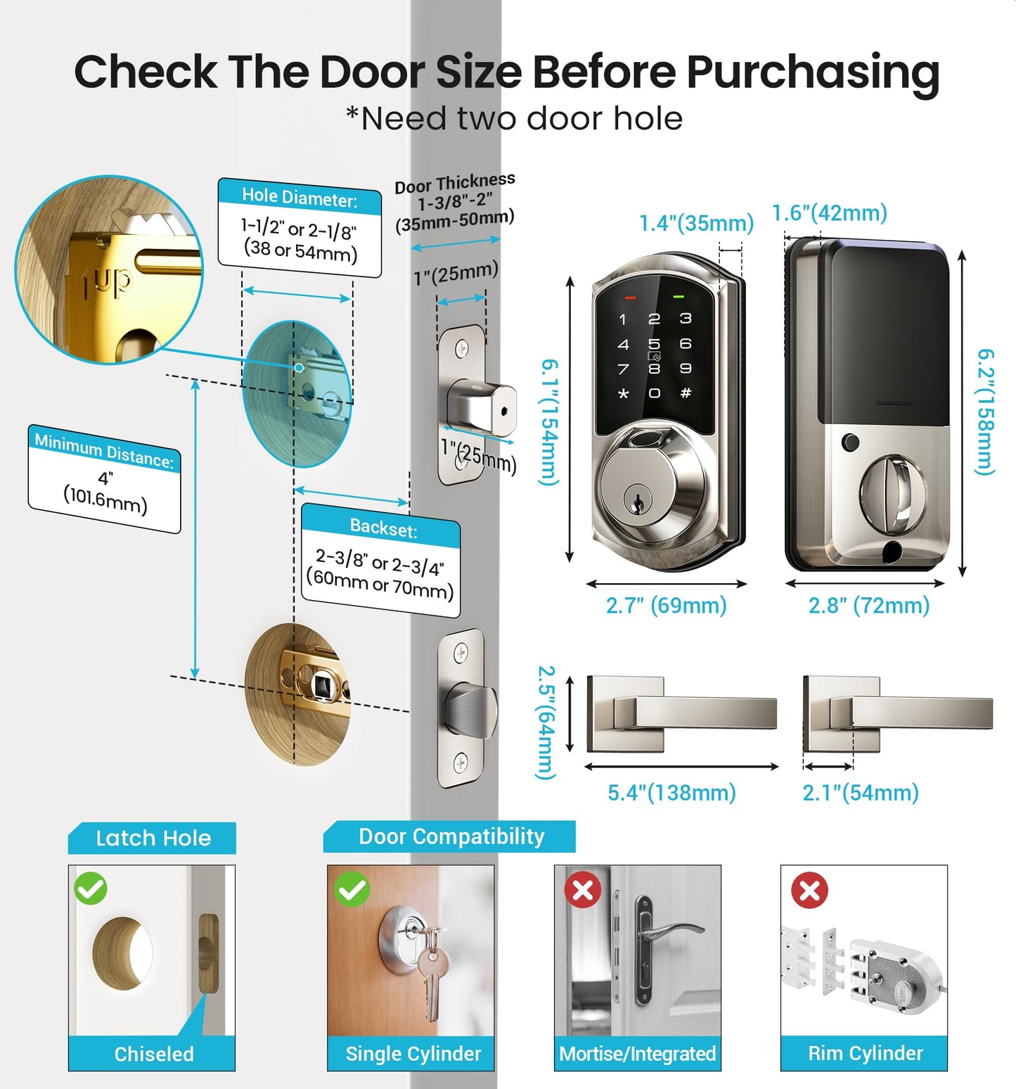 Veise Fingerprint Smart Locks for Front Door with 2 Lever Handle Set, App Control, Keyless Entry, Electronic Digital Keypad Deadbolt, Auto Lock, Waterproof, Easy to Install, Satin Nickel