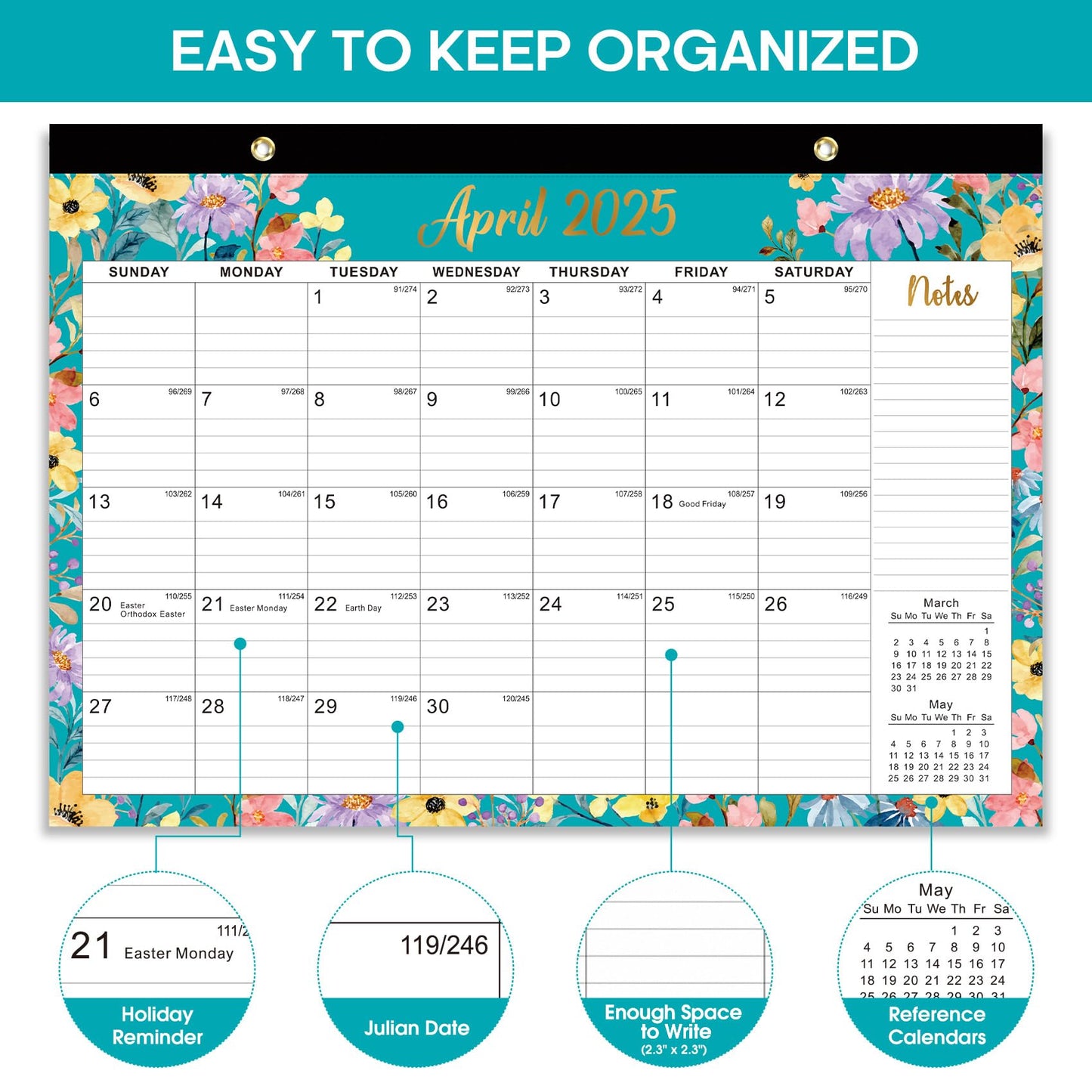 Desk Calendar 2025-2026, 21 Months Calendar Runs from April 2025 to December 2026 - Large 17" x 12" Desktop/Wall Monthly Calendar for Home School, or Office - Floral Pattern