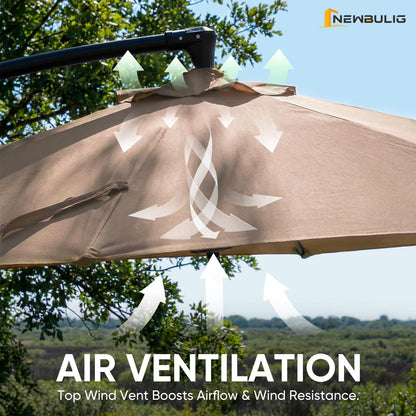 NEWBULIG 10FT Patio Umbrella with Base Included, Offset Cantilever Outdoor Patio Table Umbrella, UV Protection, Fade Resistant Fabric, Easy Tilt Adjustment for Pool, Deck, Garden, Backyard, Khaki