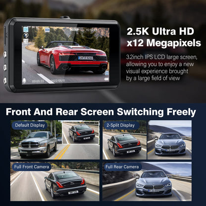Miden S7 2.5K Dash Cam Front and Rear,64G SD Card,1600P+1080P FHD Dual Dash Camera for Cars,176°+160° Wide Angle,3.2'' IPS Screen Dashcam,G-Sensor,Loop Recording,WDR,Night Vision,24H Parking Monitor