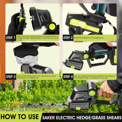 Saker Cordless Hedge Trimmer-20V Electric Shrub Trimmer Grass Shears Handheld Grass Cutter, Hedge Shear with 1 PCS Rechargeable Battery and Charger for Garden, Lawn