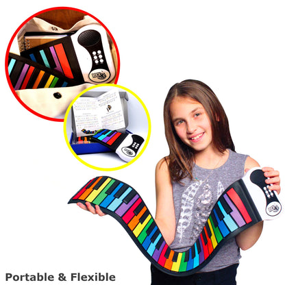 MUKIKIM Rock and Roll It - The Original Rainbow Piano. Roll Up Flexible Piano Keyboard for Kids / Beginners. Portable 49 Keys Silicone Pad. Play-by-Color Songbook Included!