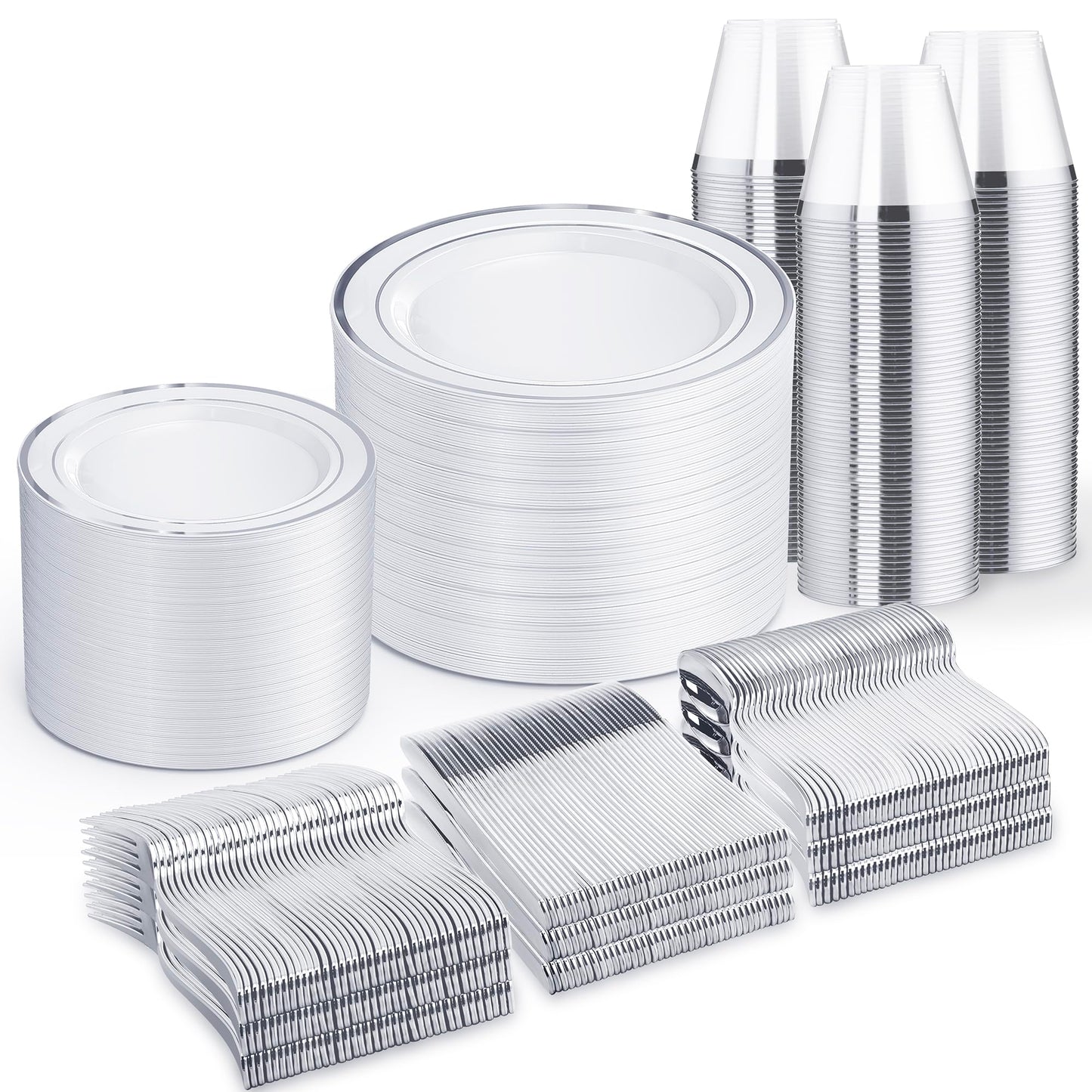 WELLIFE 600 PCS Silver Disposable Dinnerware Set for 100 Guests, Silver Plastic Plates for Party, 100 Each-Dinner & Salad Plates, Cups, Forks Knives Spoons for Wedding and Easter Events