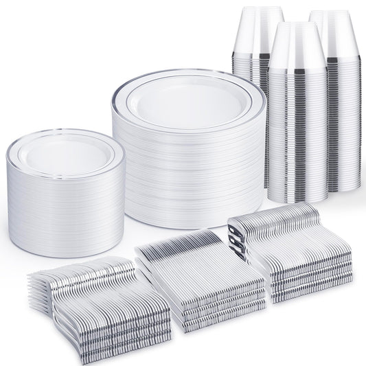 WELLIFE 600 PCS Silver Disposable Dinnerware Set for 100 Guests, Silver Plastic Plates for Party, 100 Each-Dinner & Salad Plates, Cups, Forks Knives Spoons for Wedding and Easter Events