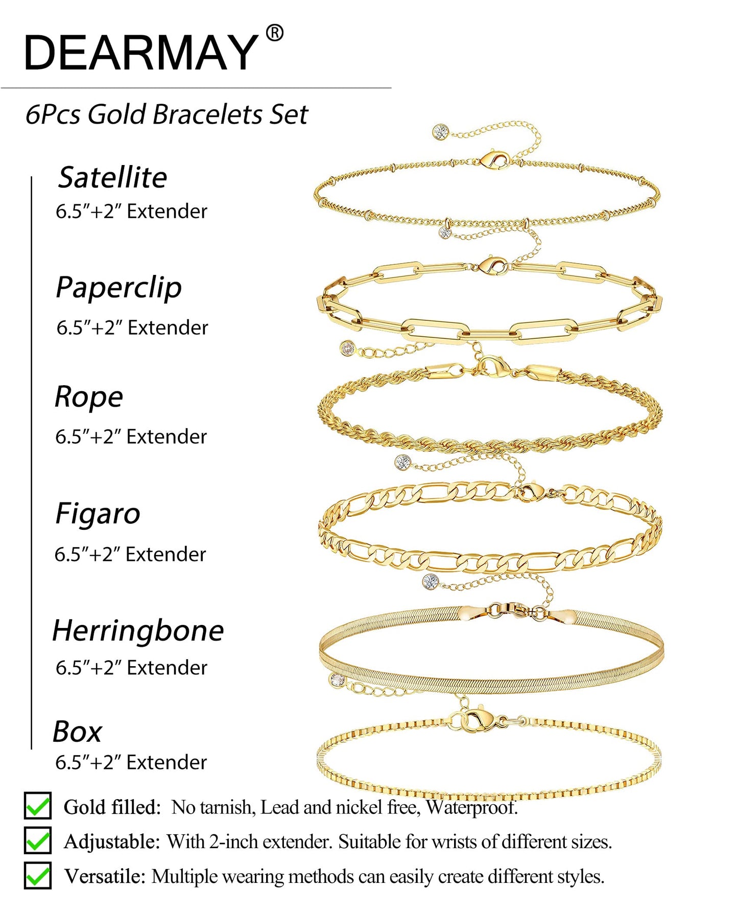 DEARMAY Gold Bracelets for Women 14K Real Gold Plated Jewelry Sets Stack Trendy Dainty Stackable Paperclip Rope Snake Box Figaro Chain Bracelets Pack Costume Fashion Filled Gifts