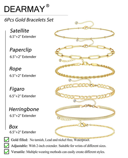 DEARMAY Gold Bracelets for Women 14K Real Gold Plated Jewelry Sets Stack Trendy Dainty Stackable Paperclip Rope Snake Box Figaro Chain Bracelets Pack Costume Fashion Filled Gifts
