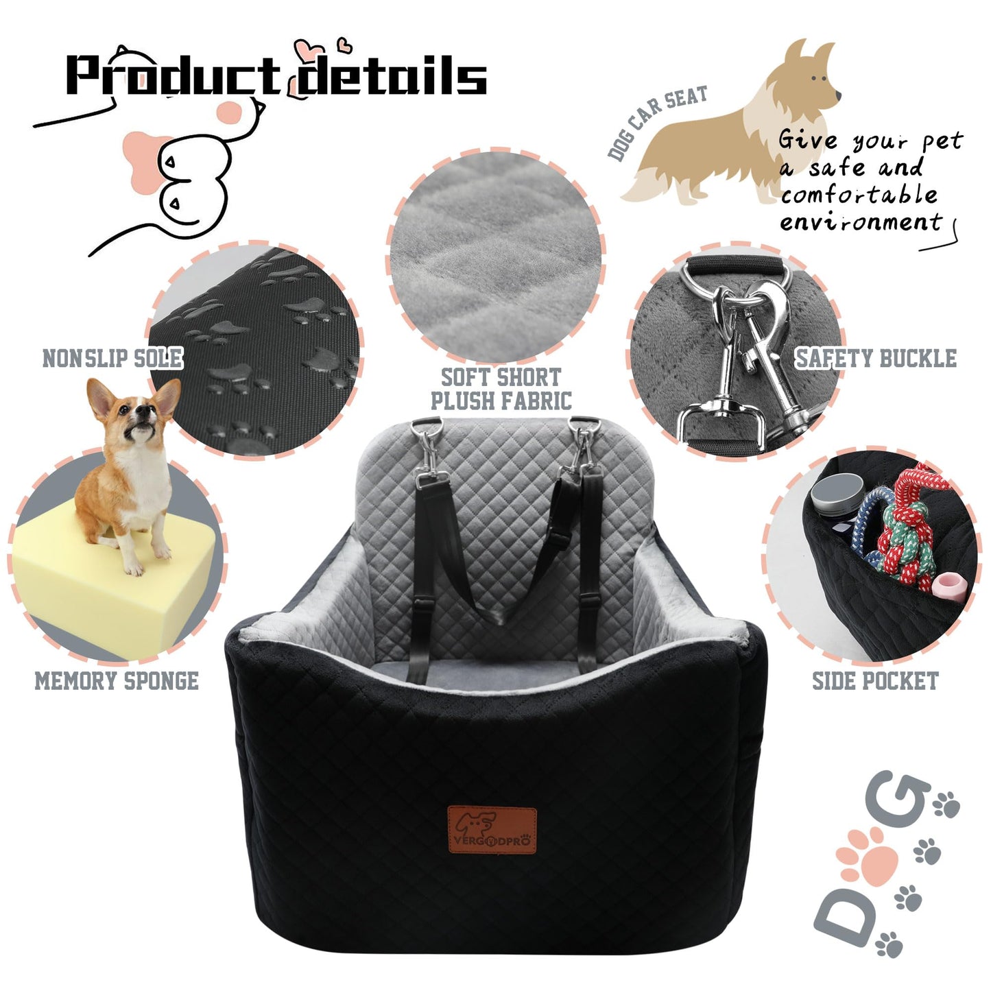 Dog Car Seats-Memory Sponge and Velvet Pet Booster Car Seat,Safety and Comfy,Ride Height 6" Elevated Enough to See Out The Window,Both Front and Back Seats Apply,Esay to Install and Clean.(H-Black)