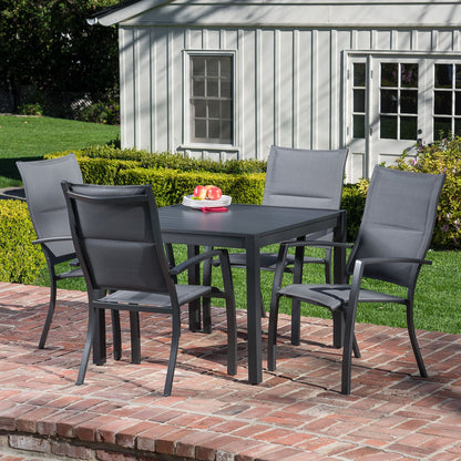 Hanover Naples 5-Piece Outdoor Dining Set with 38'' Rust Resistant Aluminum Square Dining Table and Grey Stackable Sling Chairs, Modern Space Saving All-Weather Patio Dining Set for 4