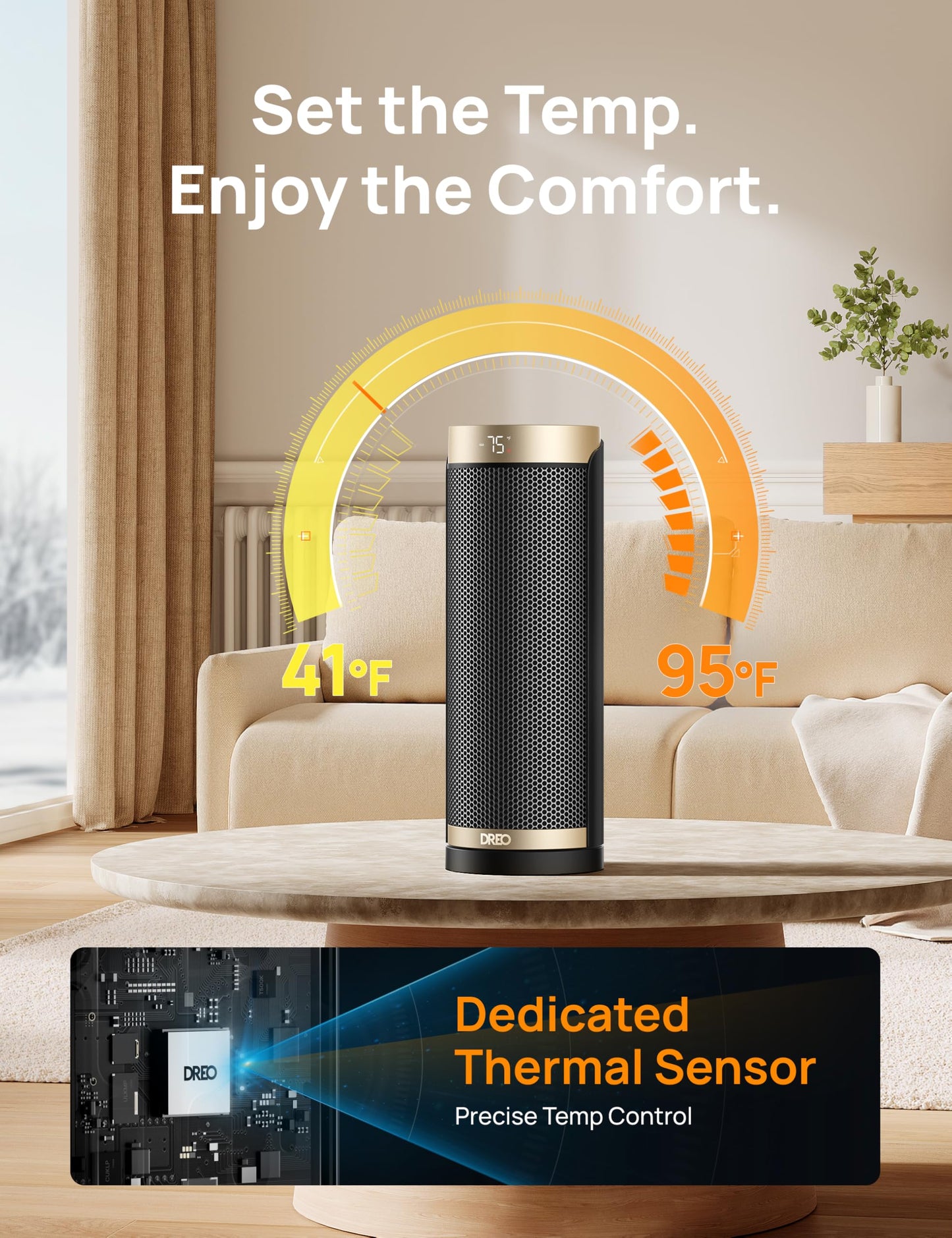 DREO Space Heater, 1500W Electric Heaters for Indoor Use with Thermostat, 70° Oscillation, 8 Safety Protections, 5 Modes, Remote, 12H Timer, Quiet Portable Heater for Office, Bedroom, Large Room