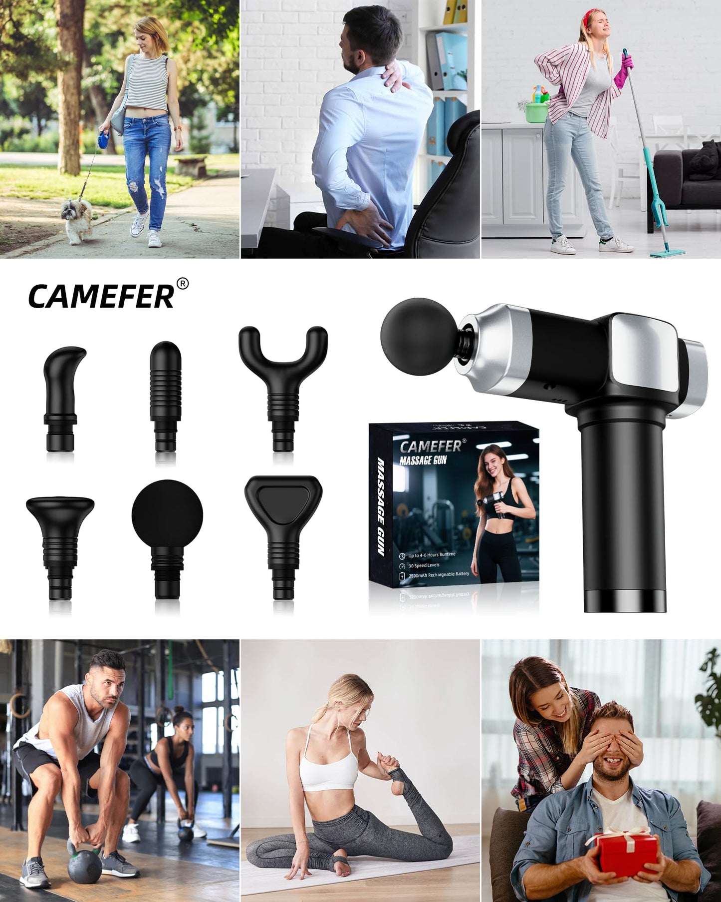 CAMEFER Deep Tissue Massage Gun, Portable Percussion Electric Muscle Massager for Pain Relief, Handheld Massagers with 30 Speeds & 6 Attachments for Back and Neck, Gifts for Men Women