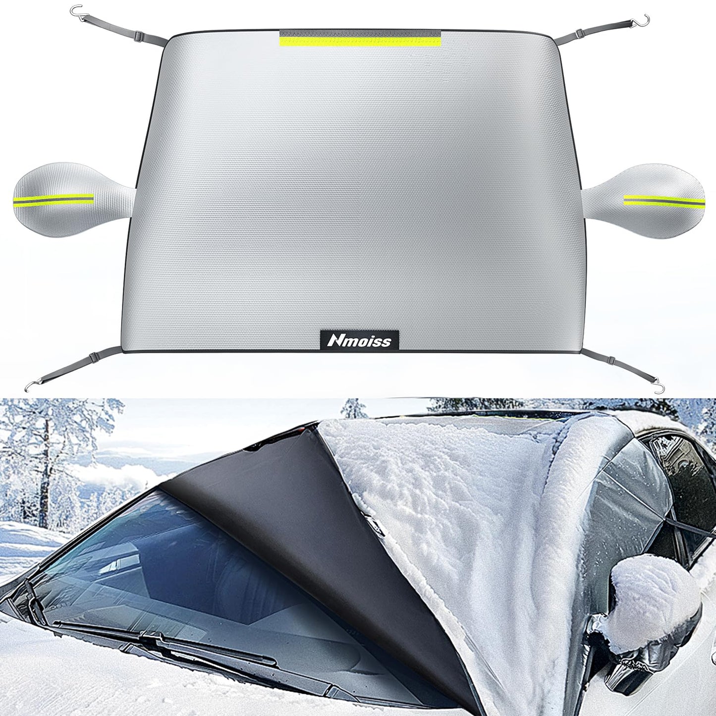 Nmoiss Windshield Cover for Ice and Snow [600D Upgraded Silver Waterproof] Against Frost Ice and Snow Easy Installation with Straps Compact All-Weather Durable Fit for Cars SUVs and Trucks