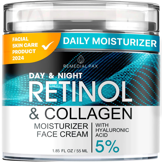 REMEDIAL PAX Retinol & Collagen Moisturizer Face Cream - Day & Night Anti-Aging Skin Care with Hyaluronic Acid 5% 1.85 Fl Oz