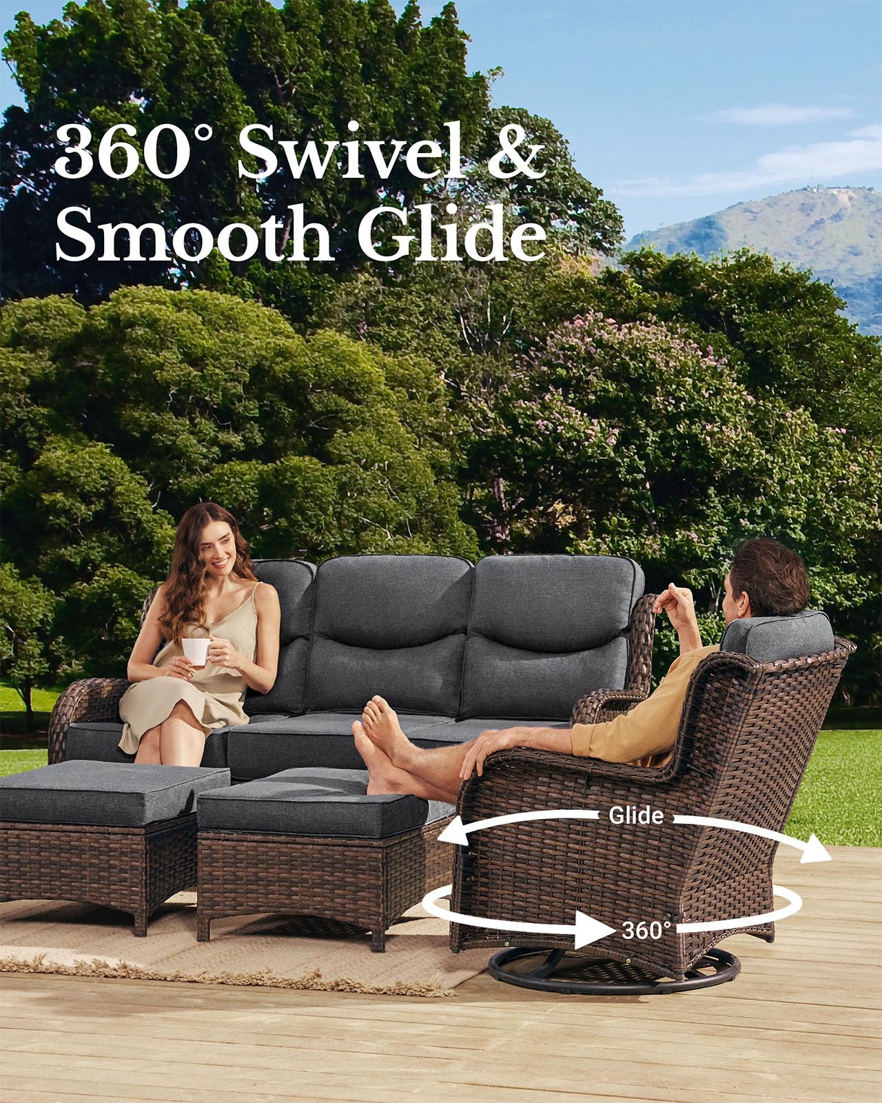 HILLGA Luxury Patio Furniture Set with 6-inch Thick Cushion, Outdoor Couch and High Back Swivel Rocker Patio Chairs, 10PCS Wicker Conversation Set for Deck Yard and Poolside, Dark Grey (V2)