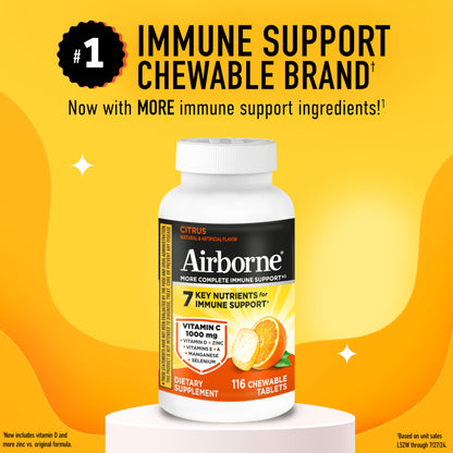 Airborne Vitamin C 1000mg (per Serving) - Citrus Chewable Tablets (116 Count in a Bottle), Gluten-Free Immune Support Supplement, with Vitamins A C E, Zinc, Selenium, Echinacea, Ginger, Antioxidants