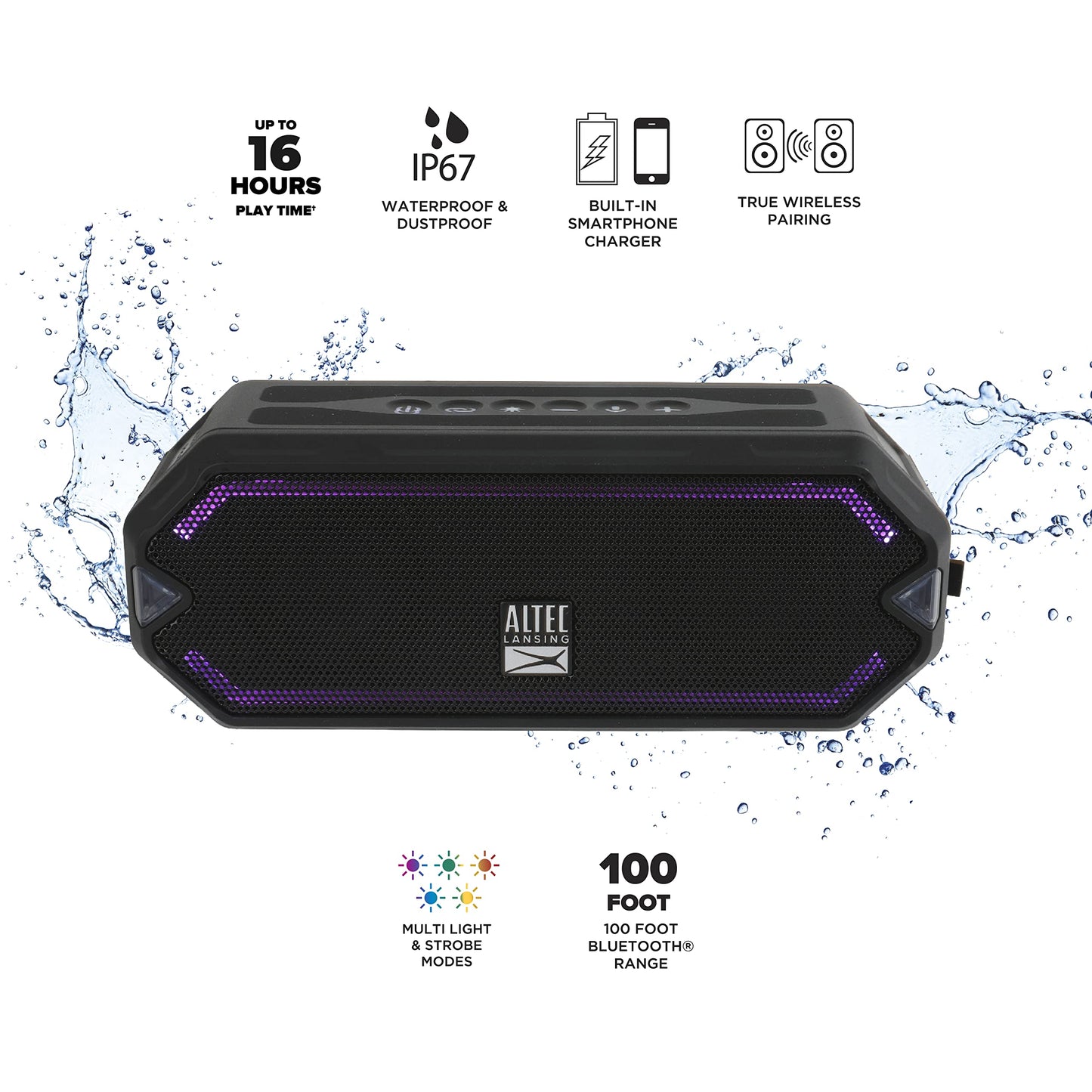 Altec Lansing - HydraJolt Wireless Bluetooth Speaker, Waterproof Portable Speakers with Built in Phone Charger and Lights, Everything Proof Outdoor, Shockproof, Snowproof, 16 Hours Playtime