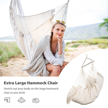 SUNCREAT Hammock Chair Hanging Rope Swing Seat-Max 450lbs Capacity, Extra Large Macrame Hanging Swing with Side Pocket, Two Seat Cushion, Beige