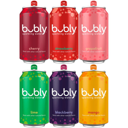 bubly Sparkling Water, 6 Flavor Variety Pack (Blackberry, Lime, Cherry, Grapefruit, Strawberry, Mango), Zero Sugar & Zero Calories, Seltzer Water, 12 Fl Oz Cans (Pack of 18)