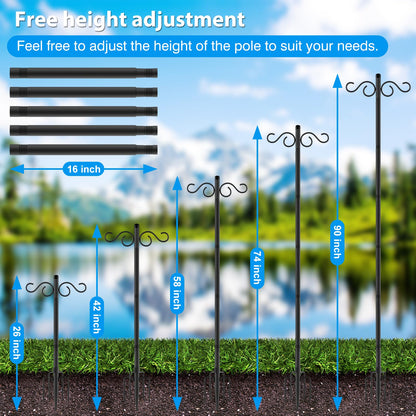 NUERPO Adjustable Shepherd Hooks for Outdoor,2 Pack 90 Inch 5 Prong Base Bird Two Sided Feeder Poles,Heavy Duty Shepherds Hook,Suitable for Garden in Hanging Flower Basket,Lantern,Bird Nests