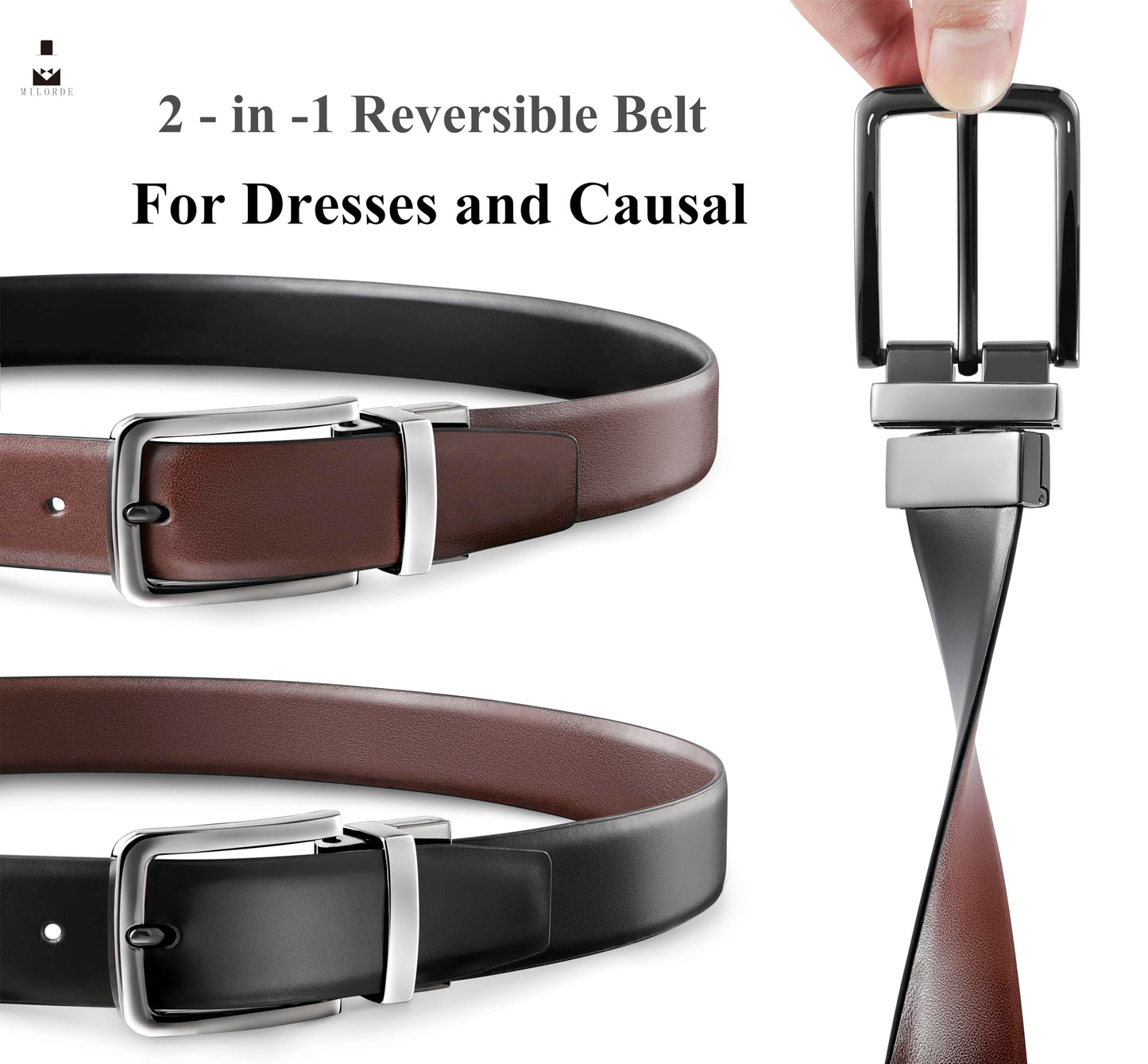 MILORDE Men’s Reversible Leather Belt for Casual Golf Dress Pants Shirts, Double Style - 2 Sides (Black/Brown - M901-38)