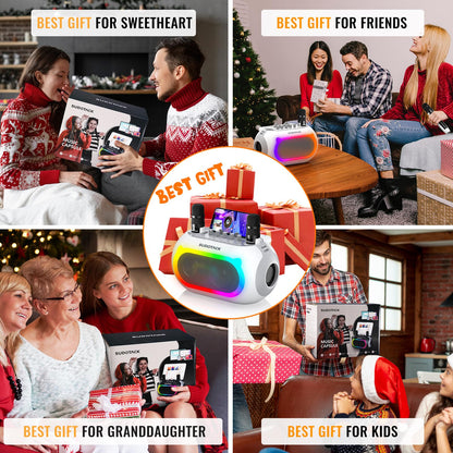 SUDOTACK Karaoke Machine for Adults Kids with 2 Wireless Microphones, Bluetooth PA Speaker System with Echo/Bass/Treble Adjustment for Home Party, Outdoor, Church, Picnic, Birthday Gifts (White)