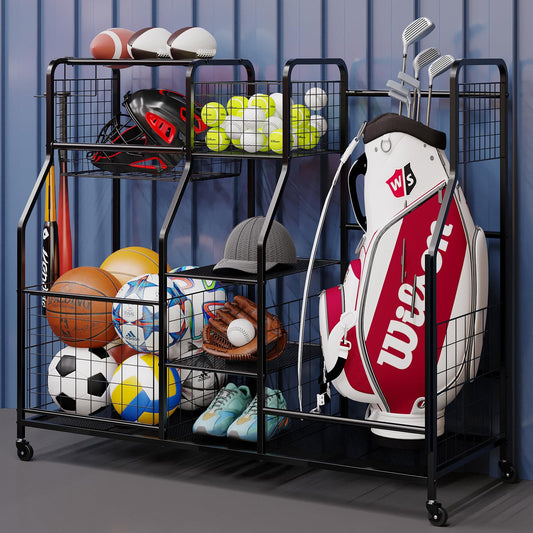 Garage Sports Equipment Organizer & Outdoor Toy Storage, Ball Storage Golf Organizer For Garage with Baskets, 5 Hooks