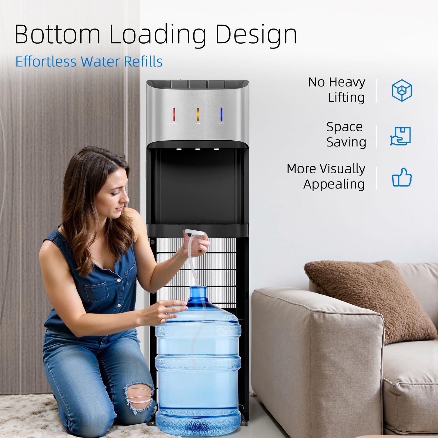 Manastin Bottom Loading Water Cooler Dispenser for 3-5 Gallon Bottles, 3 Temperature - Hot, Cold & Room Water with Child Lock, Ideal Design for Home & Office, Mirror Silver