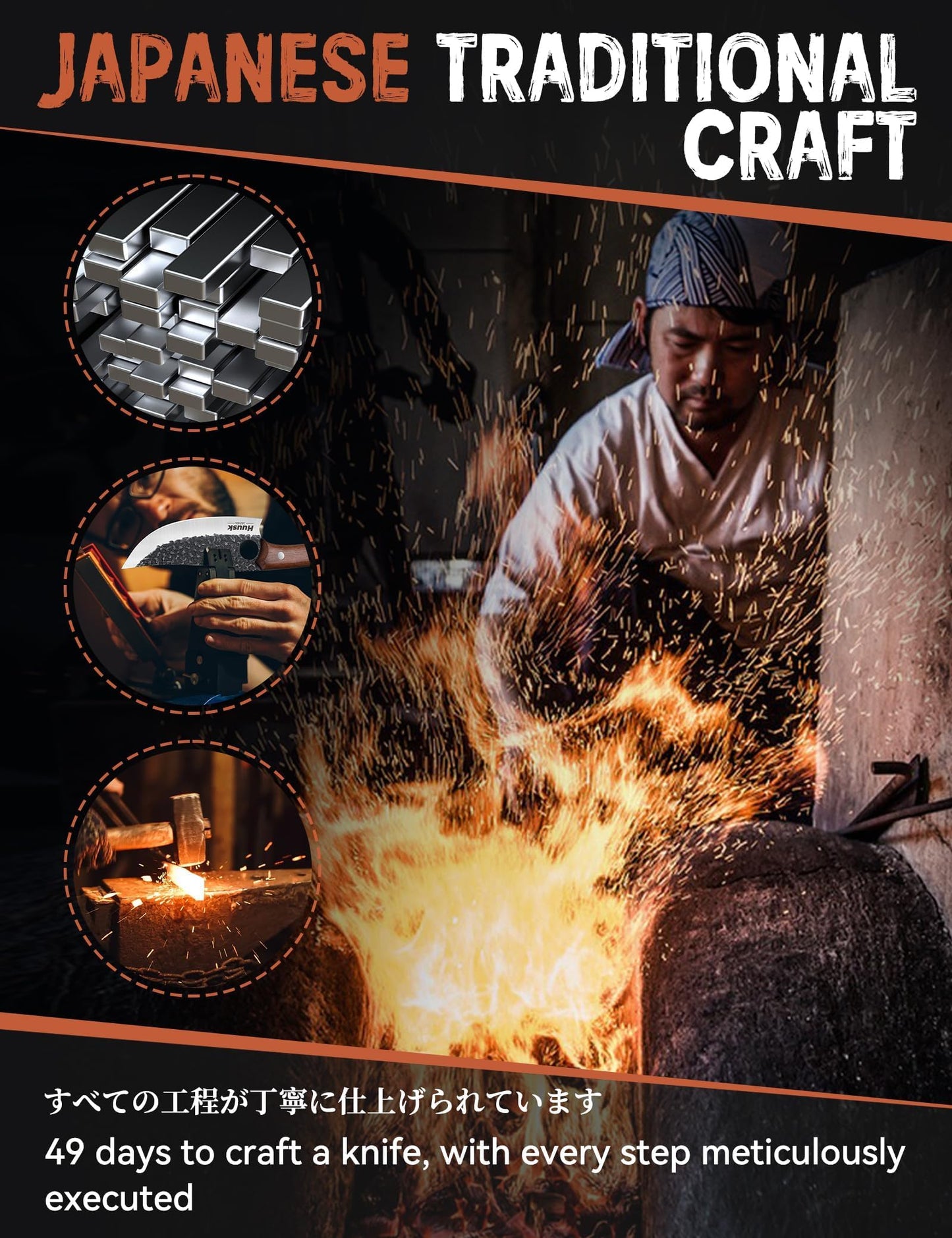 Huusk Viking Knife Set of 3, Japanese Butcher Knife Set for Meat Cutting, Hand Forged Boning Knives with Wood Handle, Japanese High Carbon Steel, for Camping, Outdoor, BBQ, Christmas Gifts for Men