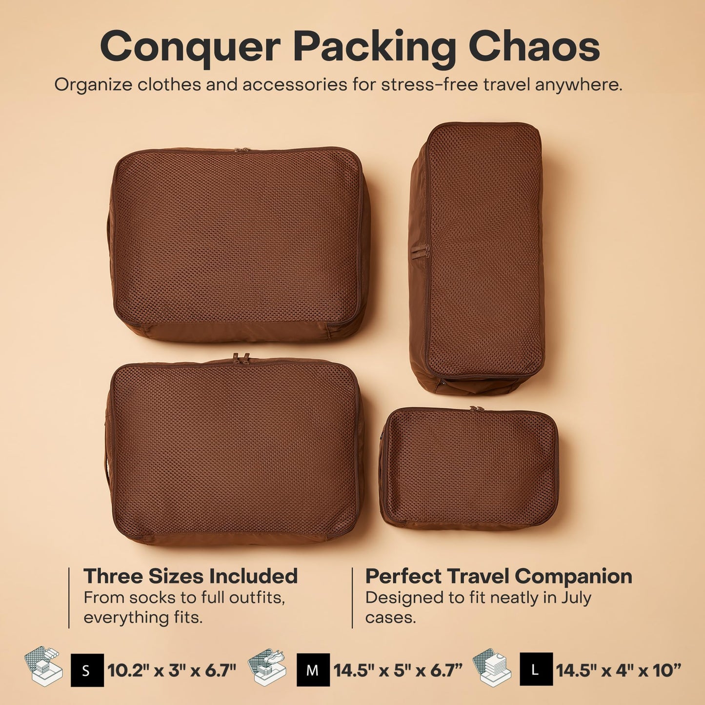 July Packing Cells - 4 Set Packing Cubes Luggage Organizer Bags (S, M, 2 x L), Must-Have Suitcase Organizer for Travel, Road Trip & Camping Accessories, Stain-proof, Washable, 3 Sizes - Dark Brown